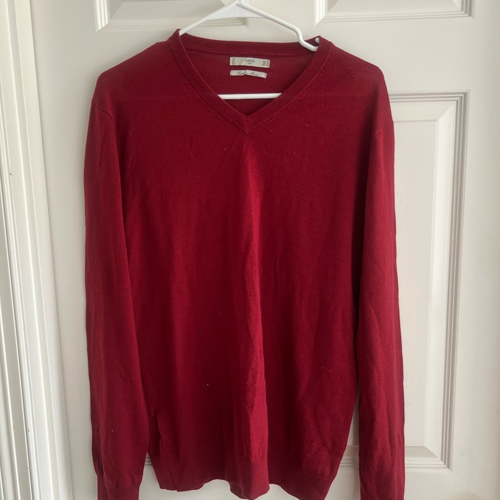 Mango Red V-Neck Merino Wool Sweater Versatile Knit
